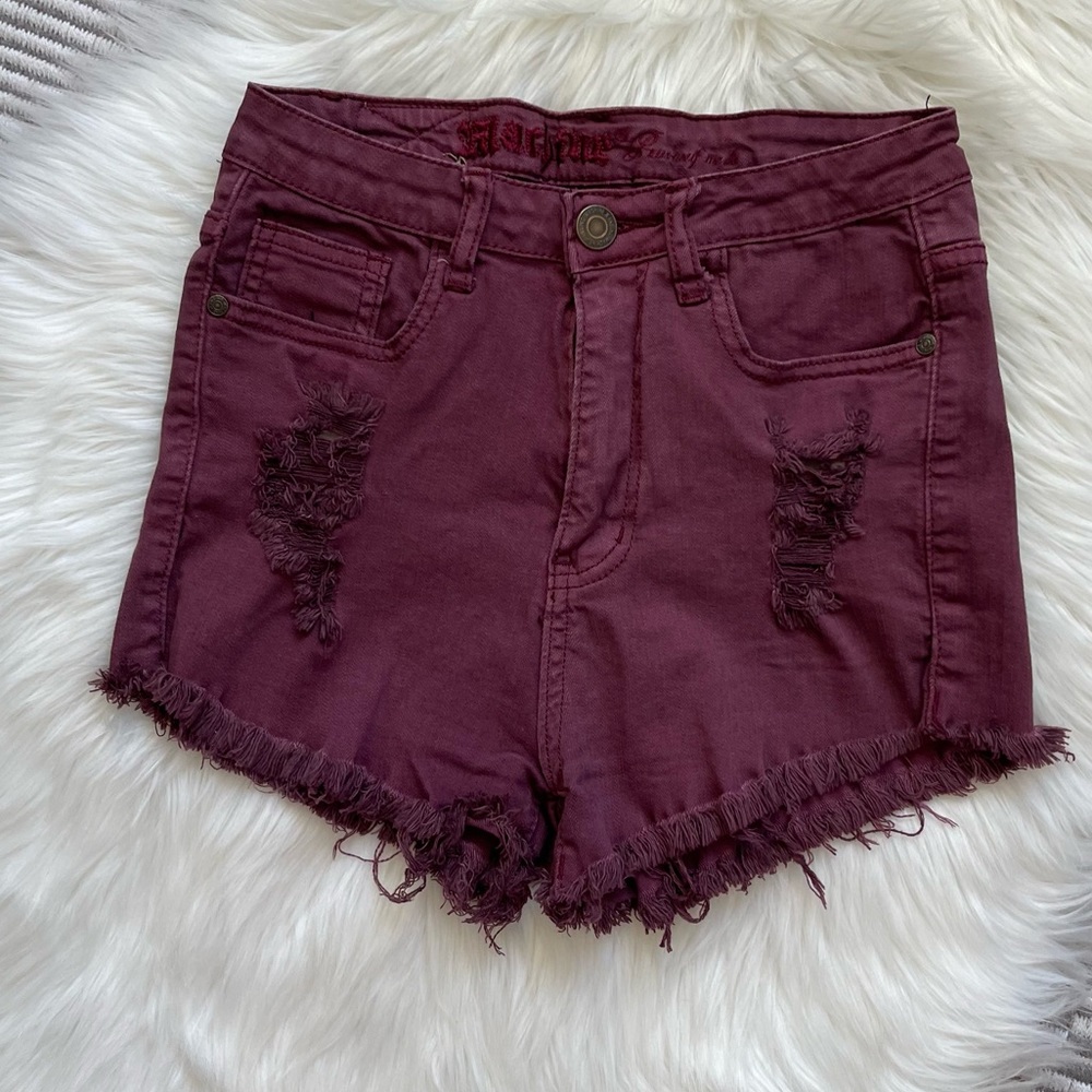 Machine Nouvelle Mode Distressed High Waisted Burgundy Jean Shorts 28